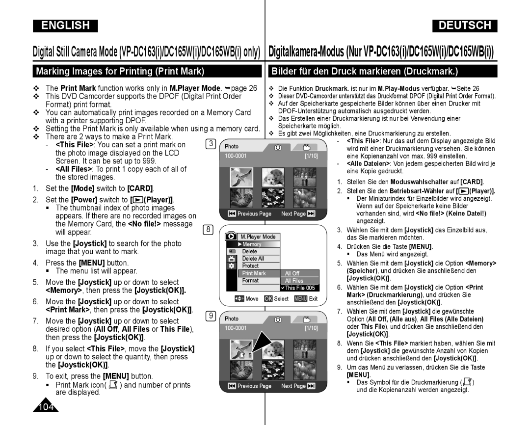 Samsung VP-DC165WI/HAC manual This DVD Camcorder supports the Dpof Digital Print Order, Format print format, Stored images 