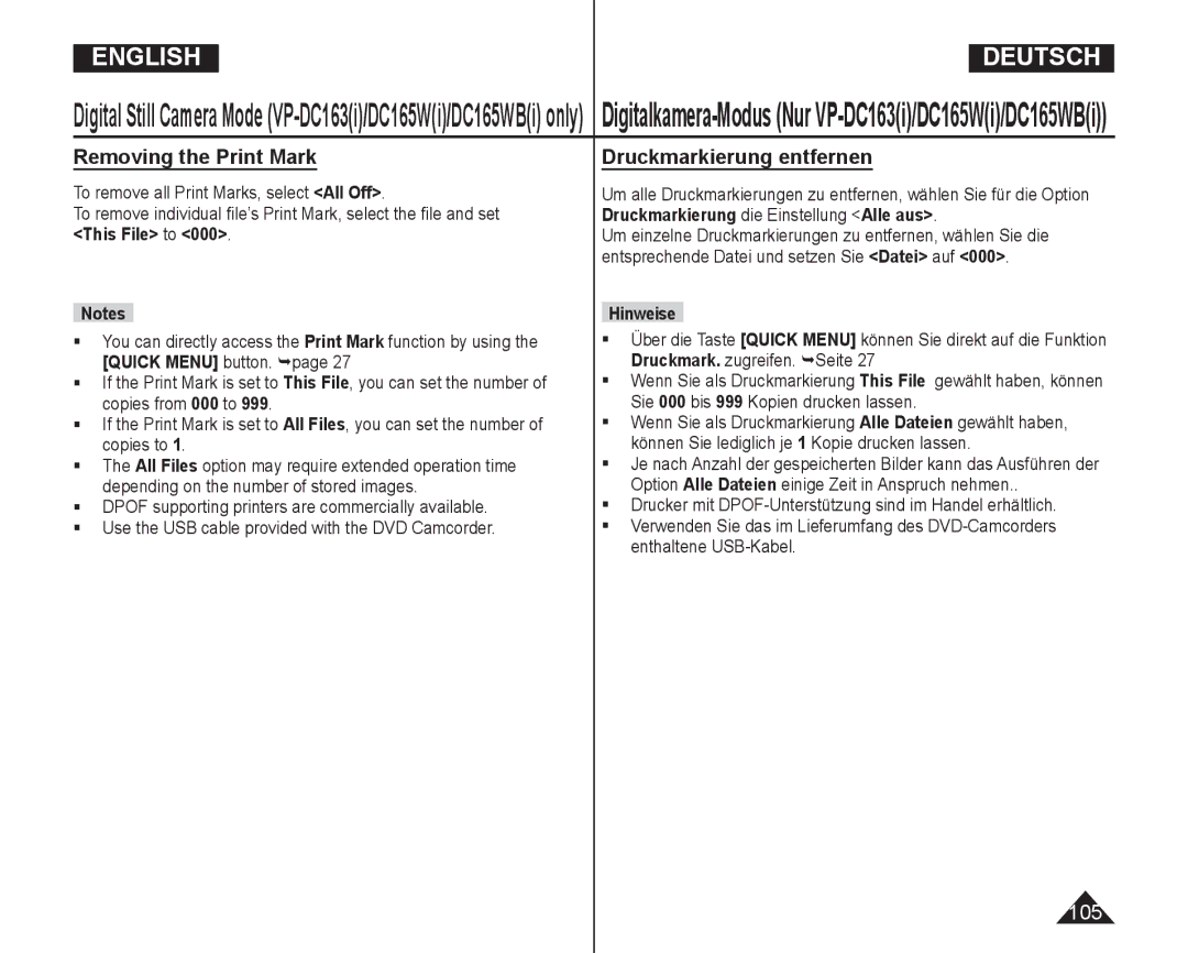 Samsung VP-DC165WI/UMG manual Removing the Print Mark, Druckmarkierung entfernen, To remove all Print Marks, select All Off 