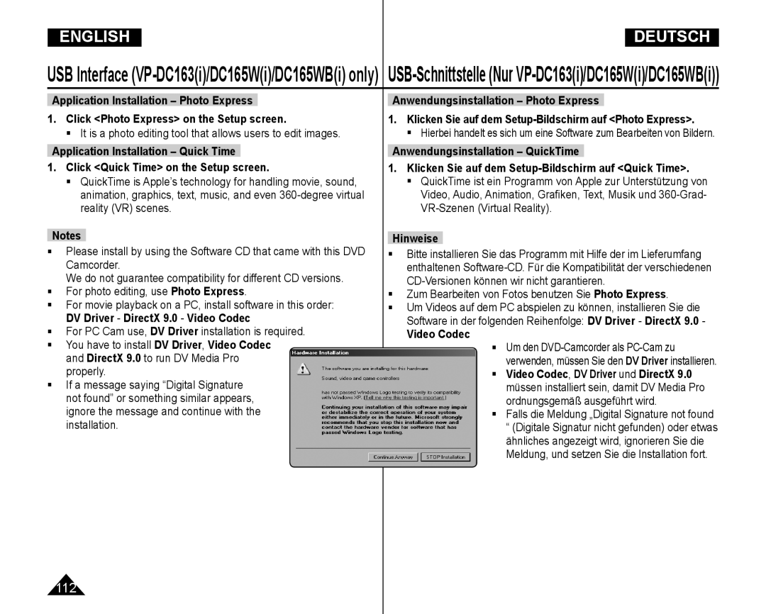 Samsung VP-DC165WI/HAC, VP-DC165WI/UMG, VP-DC165WI/MEA  Zum Bearbeiten von Fotos benutzen Sie Photo Express, Video Codec 