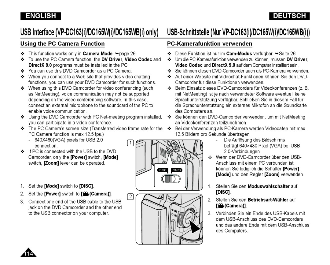 Samsung VP-DC165WI/MEA, VP-DC165WI/HAC, VP-DC165WI/UMG manual Using the PC Camera Function PC-Kamerafunktion verwenden 