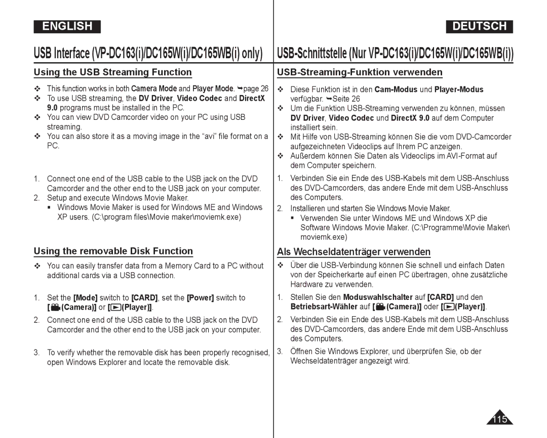 Samsung VP-DC165WI/XEV, VP-DC165WI/HAC, VP-DC165WI/UMG Using the USB Streaming Function, USB-Streaming-Funktion verwenden 