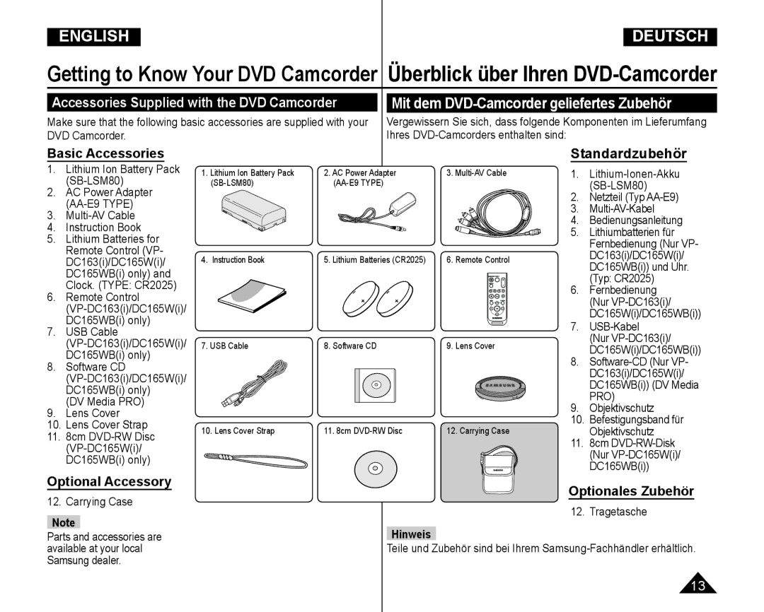 Samsung VP-DC165WI/UMG Accessories Supplied with the DVD Camcorder, Basic Accessories, Optional Accessory, Standardzubehör 