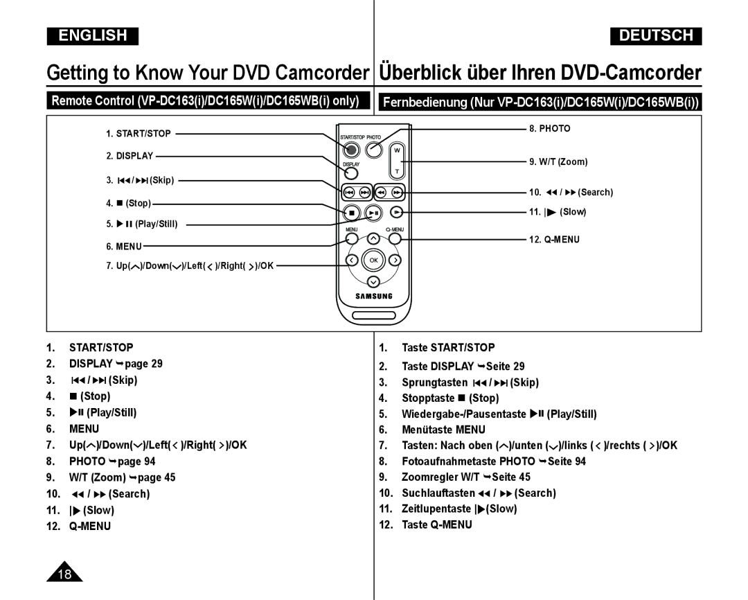 Samsung VP-DC165WI/MEA, VP-DC165WI/HAC, VP-DC165WI/UMG, VP-DC165WI/XEV Display page /Skip  Stop  Play/Still, T Zoom 