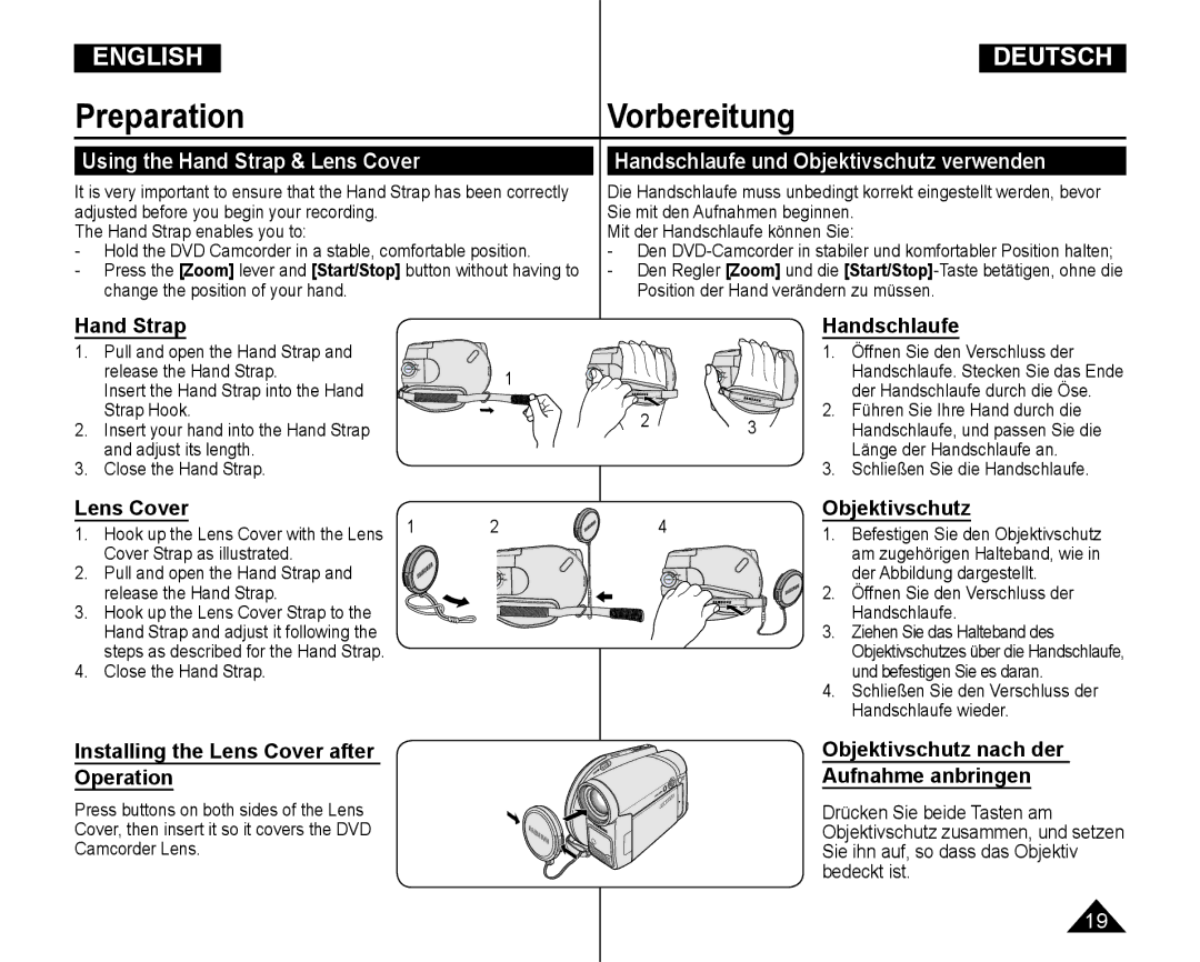 Samsung VP-DC165WI/XEV manual Hand Strap Handschlaufe, Installing the Lens Cover after Operation, Objektivschutz 