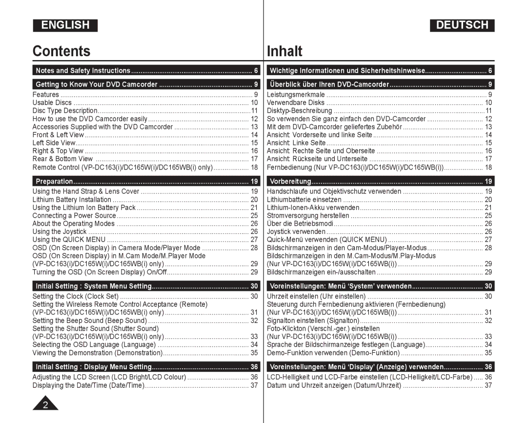 Samsung VP-DC165WI/MEA, VP-DC165WI/HAC, VP-DC165WI/UMG, VP-DC165WI/XEV manual ContentsInhalt 