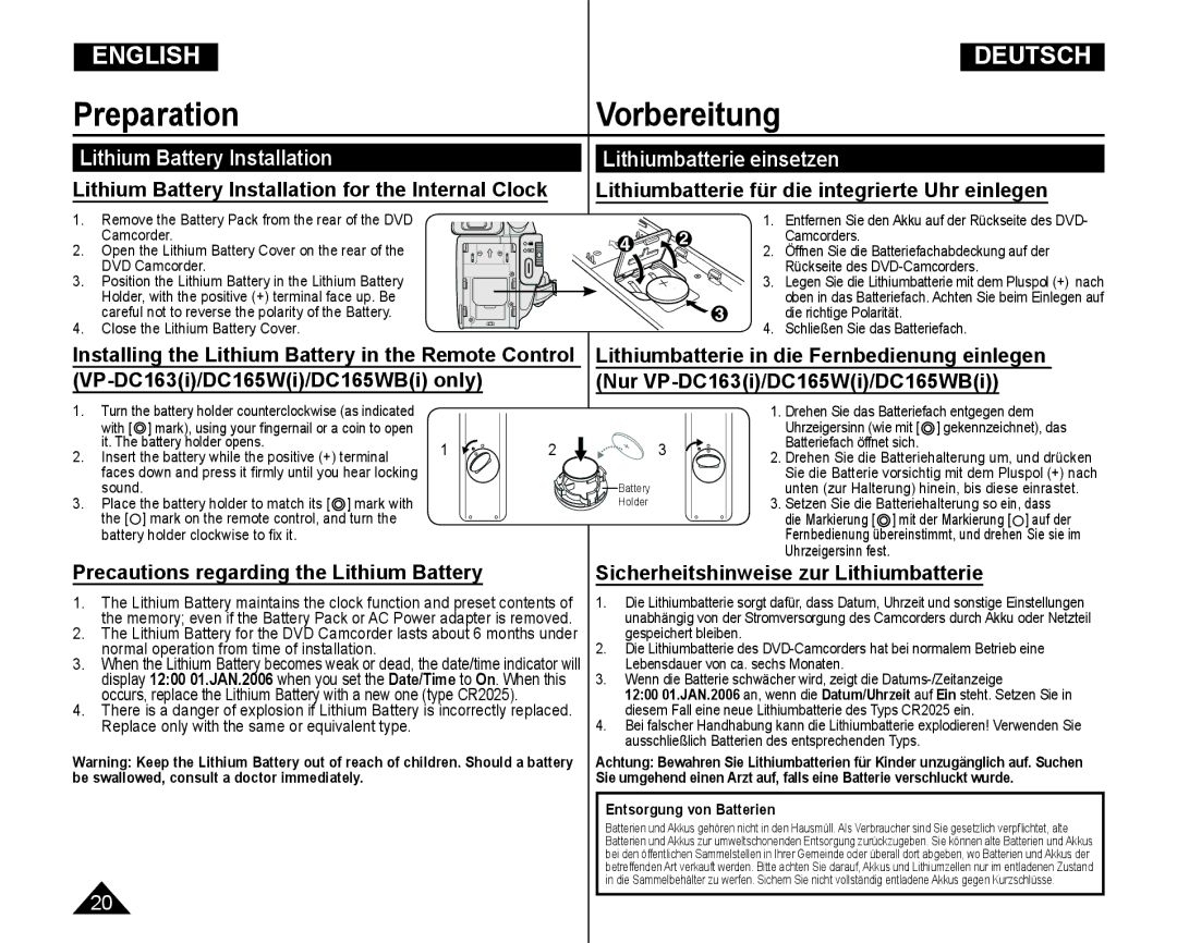 Samsung VP-DC165WI/HAC Lithium Battery Installation Lithiumbatterie einsetzen, Precautions regarding the Lithium Battery 