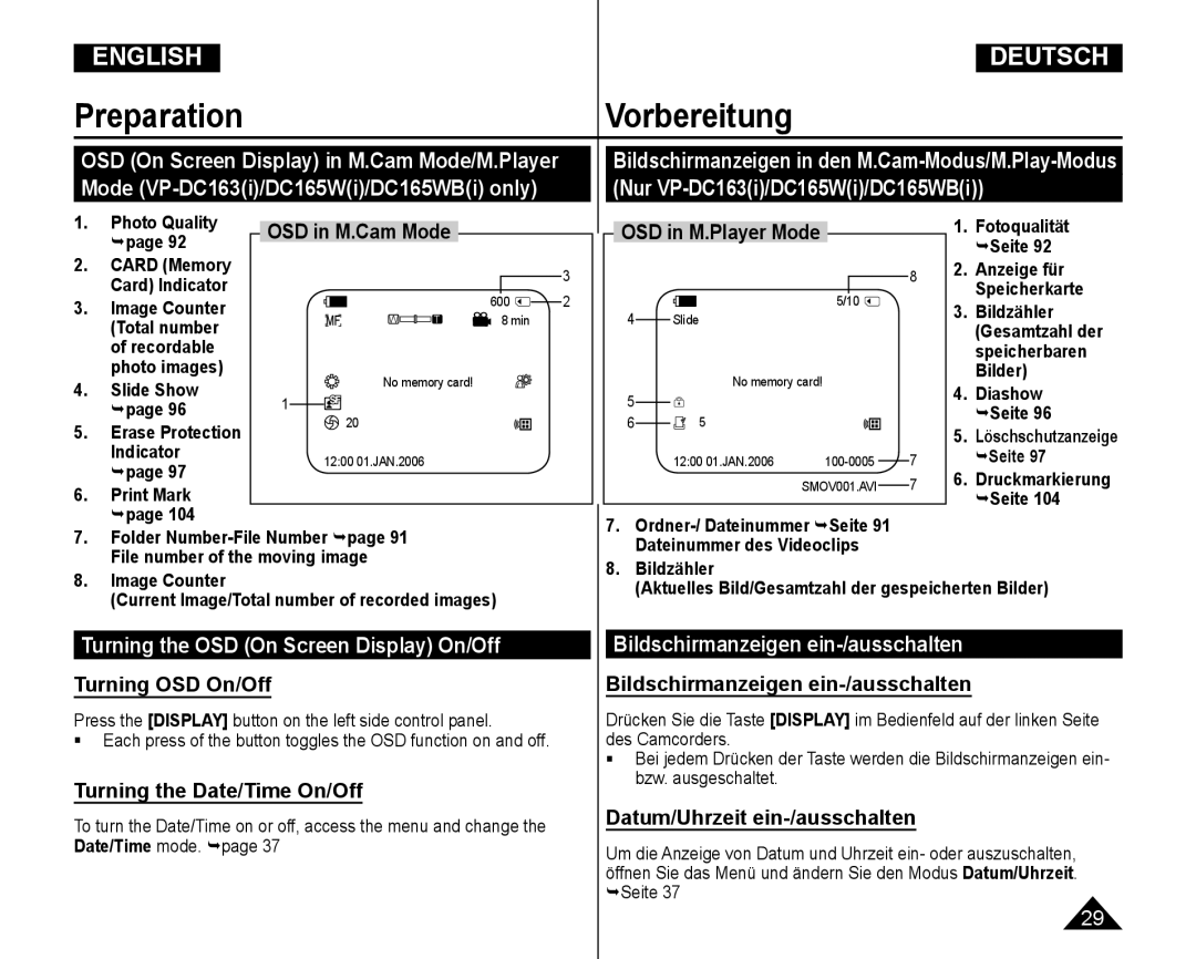 Samsung VP-DC165WI/UMG, VP-DC165WI/HAC manual Turning the OSD On Screen Display On/Off, Bildschirmanzeigen ein-/ausschalten 