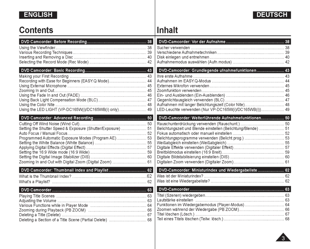 Samsung VP-DC165WI/XEV, VP-DC165WI/HAC, VP-DC165WI/UMG, VP-DC165WI/MEA manual Inhalt, DVD Camcorder DVD-Camcorder 