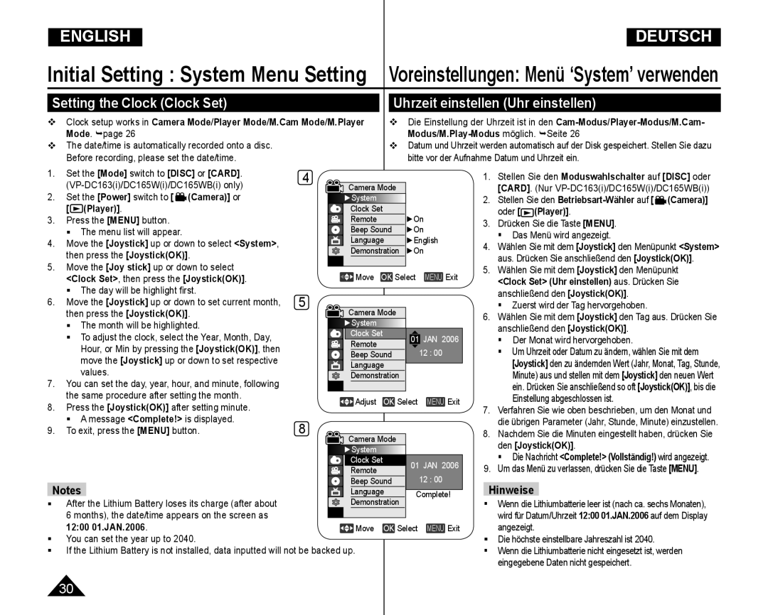 Samsung VP-DC165WI/MEA manual Voreinstellungen Menü ‘System’ verwenden, Player, Clock Set, then press the JoystickOK 