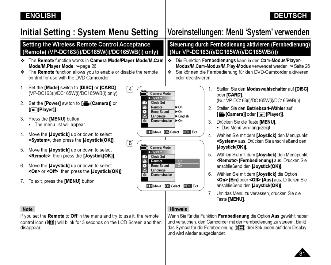 Samsung VP-DC165WI/XEV manual Set the Power switch to, Player, Stellen Sie den Moduswahlschalter auf Disc oder Card 