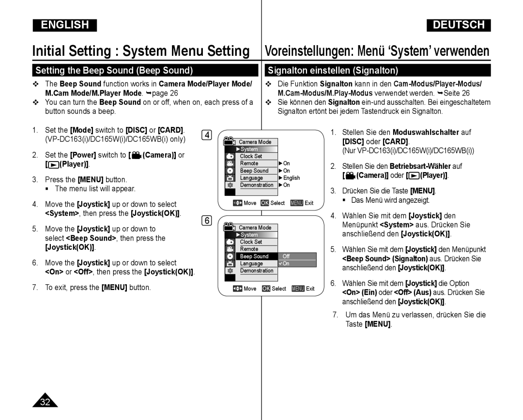 Samsung VP-DC165WI/HAC, VP-DC165WI/UMG, VP-DC165WI/MEA manual Stellen Sie den Betriebsart-Wähler auf Camera oder Player 