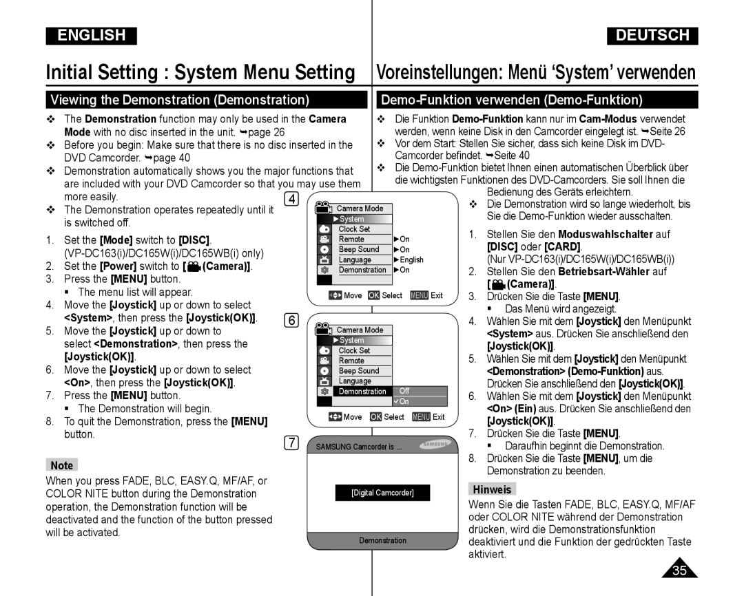 Samsung VP-DC165WI/XEV, VP-DC165WI/HAC manual Demo-Funktion verwenden Demo-Funktion, Viewing the Demonstration Demonstration 