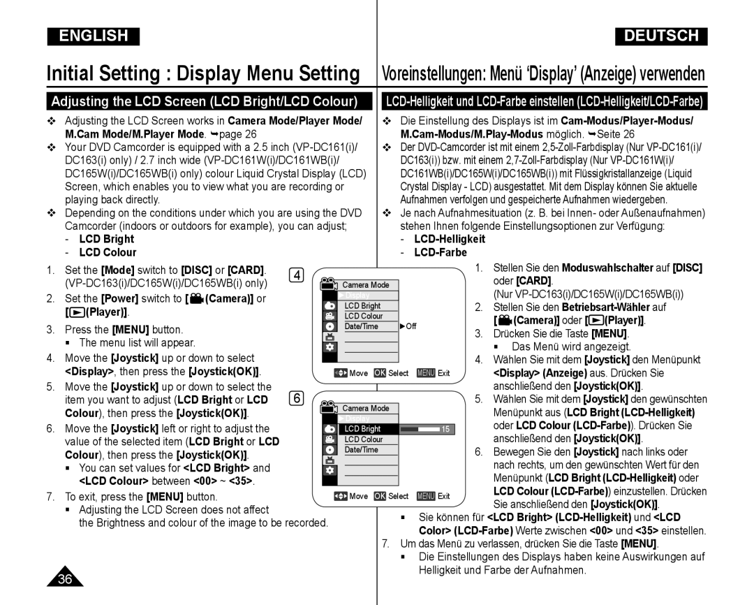 Samsung VP-DC165WI/HAC, VP-DC165WI/UMG, VP-DC165WI/MEA, VP-DC165WI/XEV manual Adjusting the LCD Screen LCD Bright/LCD Colour 