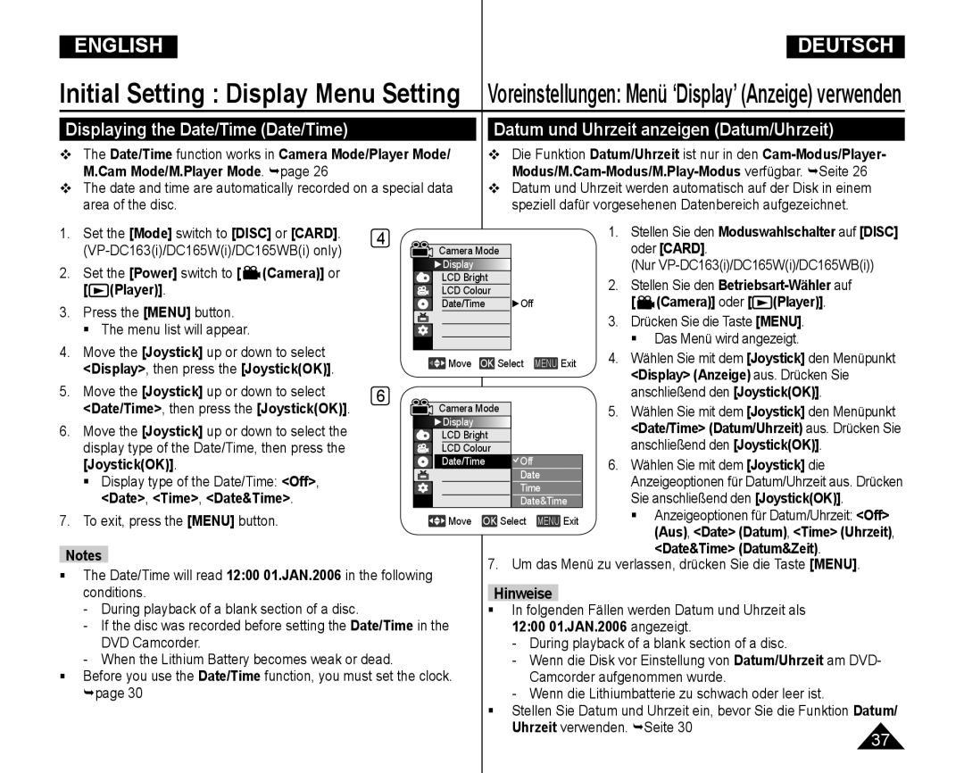 Samsung VP-DC165WI/UMG, VP-DC165WI/HAC manual Displaying the Date/Time Date/Time, Datum und Uhrzeit anzeigen Datum/Uhrzeit 