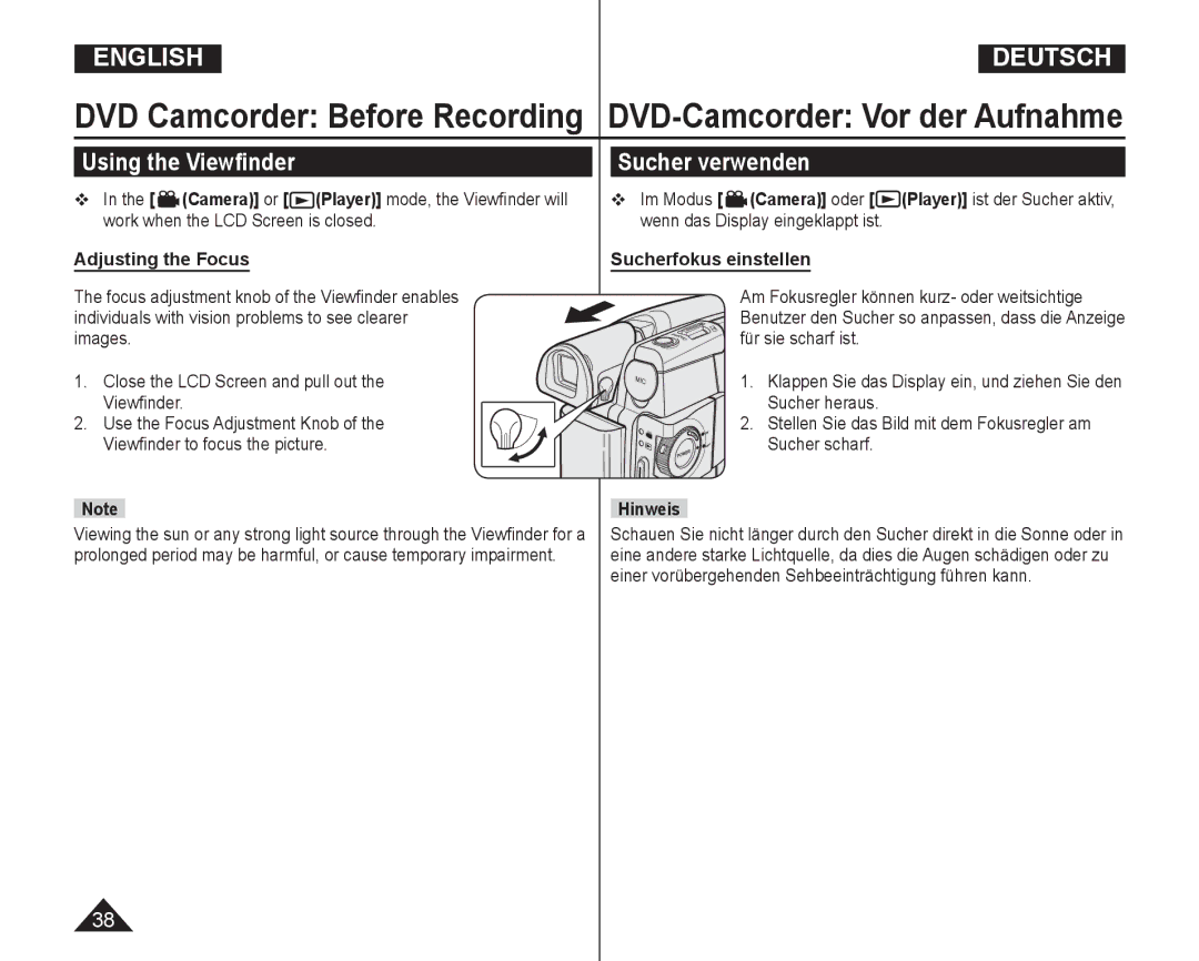 Samsung VP-DC165WI/MEA manual Using the Viewﬁnder, Sucher verwenden,  In the Camera or Player mode, the Viewﬁnder will 