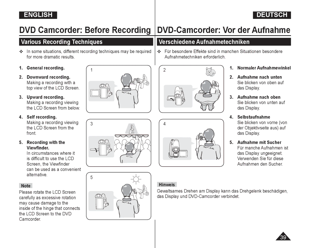 Samsung VP-DC165WI/XEV manual DVD-Camcorder Vor der Aufnahme, Various Recording Techniques, Verschiedene Aufnahmetechniken 