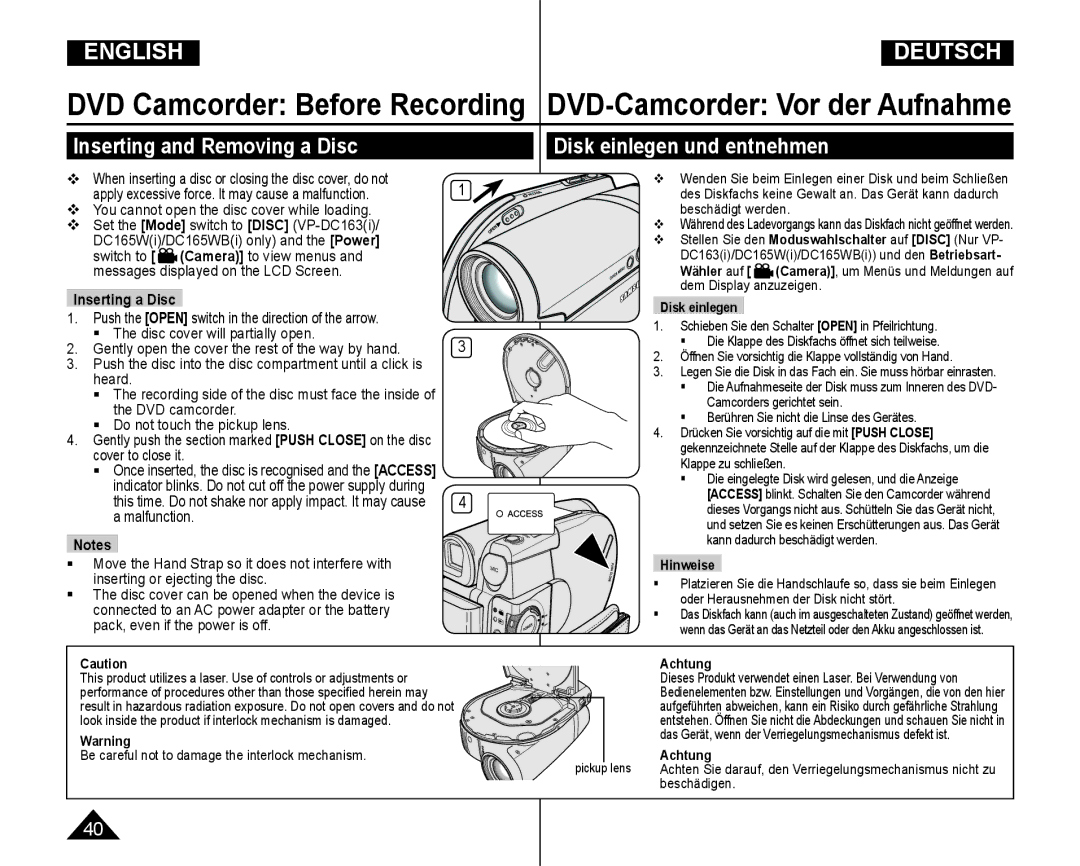 Samsung VP-DC165WI/HAC, VP-DC165WI/UMG, VP-DC165WI/MEA manual Inserting and Removing a Disc, Disk einlegen und entnehmen 