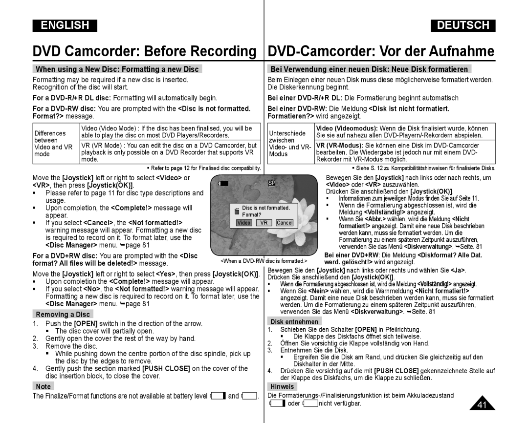 Samsung VP-DC165WI/UMG When using a New Disc Formatting a new Disc, Bei Verwendung einer neuen Disk Neue Disk formatieren 