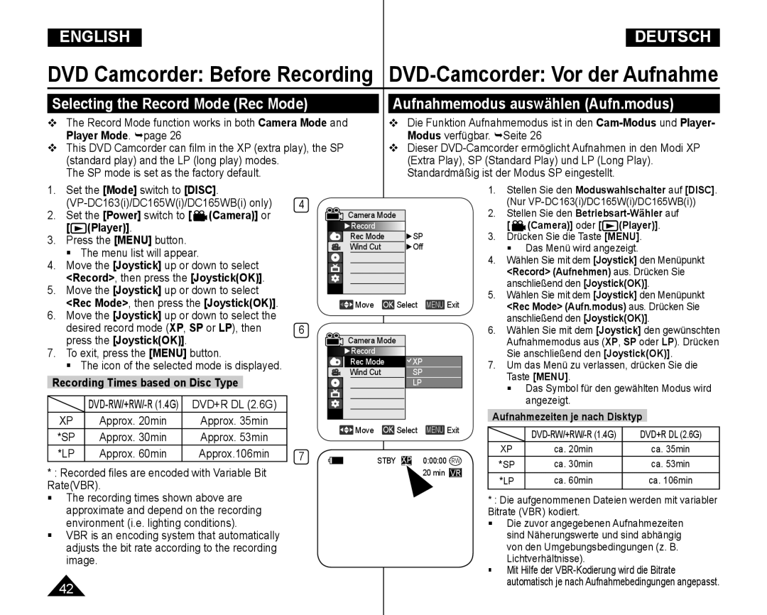 Samsung VP-DC165WI/MEA, VP-DC165WI/HAC Recording Times based on Disc Type, DVD+R DL 2.6G, Aufnahmezeiten je nach Disktyp 