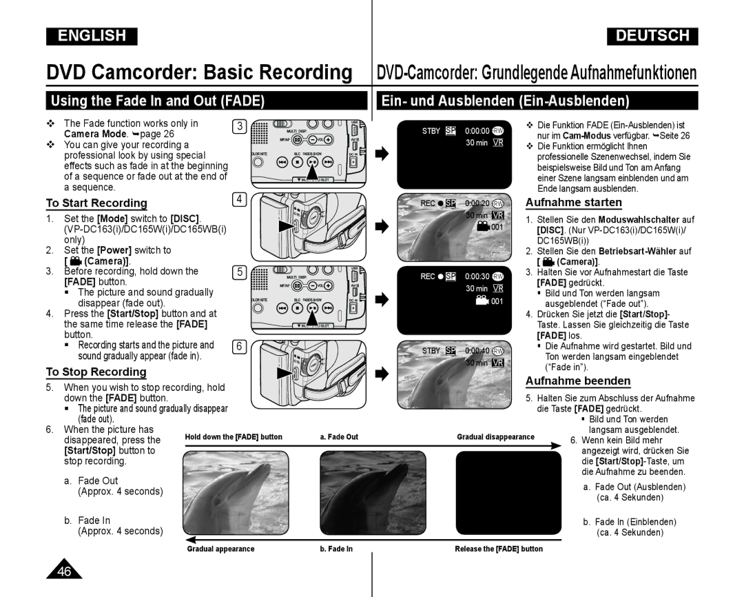 Samsung VP-DC165WI/MEA, VP-DC165WI/HAC, VP-DC165WI/UMG, VP-DC165WI/XEV manual DVD-Camcorder Grundlegende Aufnahmefunktionen 