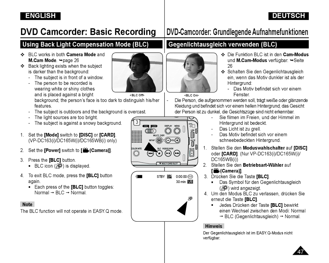 Samsung VP-DC165WI/XEV  BLC works in both Camera Mode and M.Cam Mode. page, Light sources are too bright, Fenster, Again 