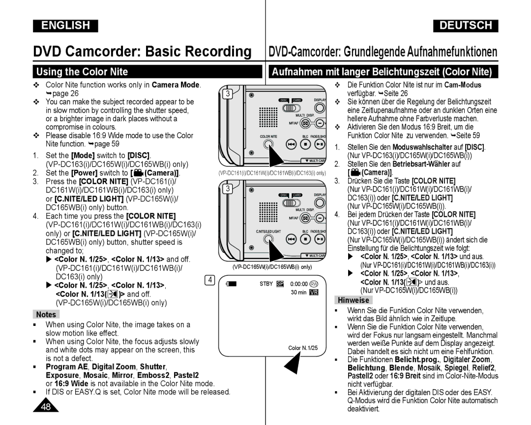 Samsung VP-DC165WI/HAC, VP-DC165WI/UMG manual Using the Color Nite, Aufnahmen mit langer Belichtungszeit Color Nite 