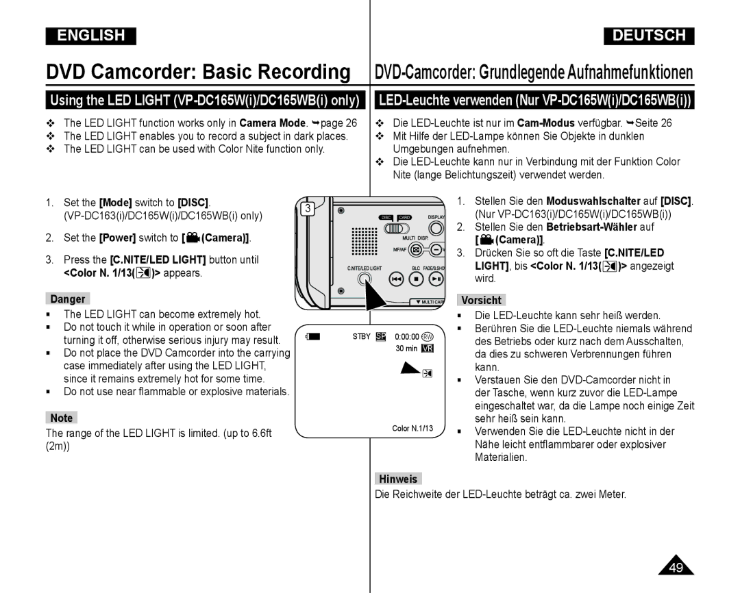 Samsung VP-DC165WI/UMG manual Using the LED Light VP-DC165Wi/DC165WBi only, LED-Leuchte verwenden Nur VP-DC165Wi/DC165WBi 