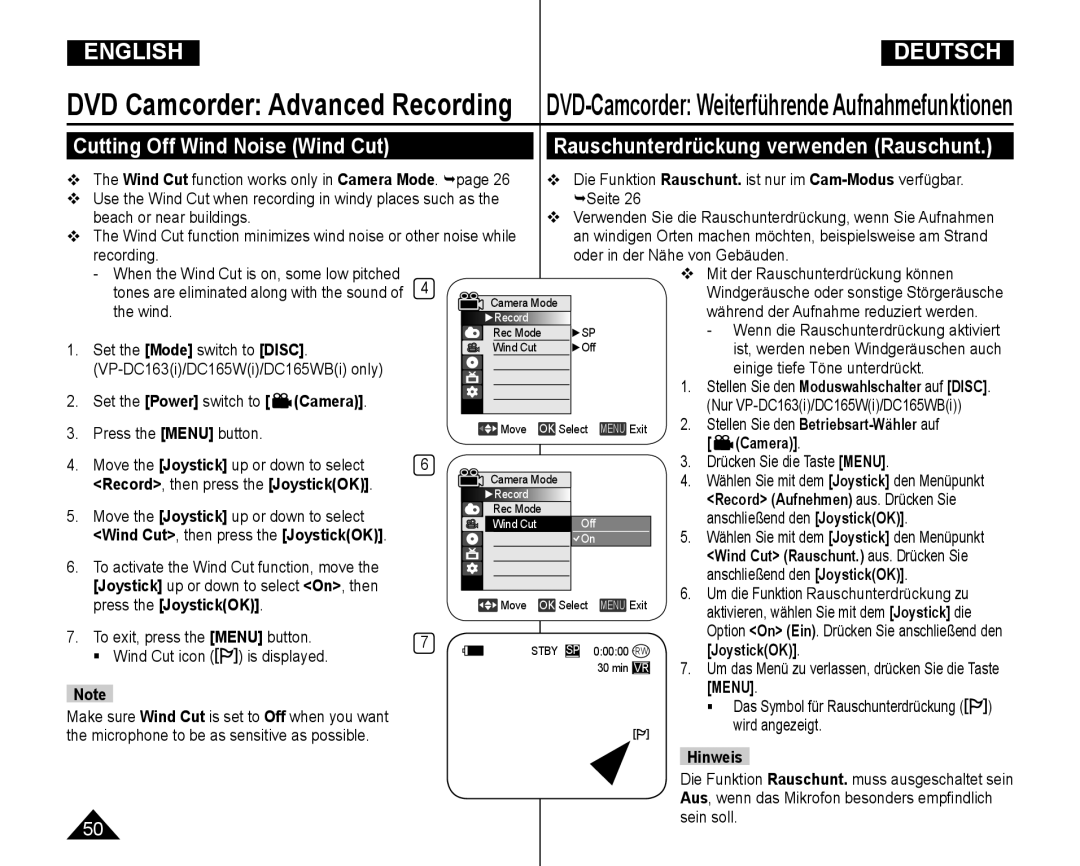 Samsung VP-DC165WI/MEA, VP-DC165WI/HAC manual Cutting Off Wind Noise Wind Cut, Rauschunterdrückung verwenden Rauschunt 