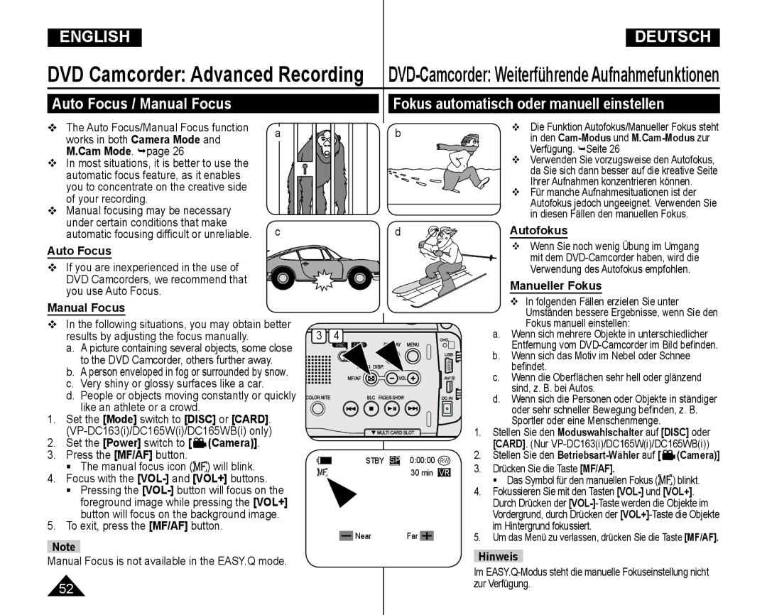 Samsung VP-DC165WI/HAC, VP-DC165WI/UMG manual Auto Focus / Manual Focus, Fokus, Automatisch oder manuell einstellen AF/MF 