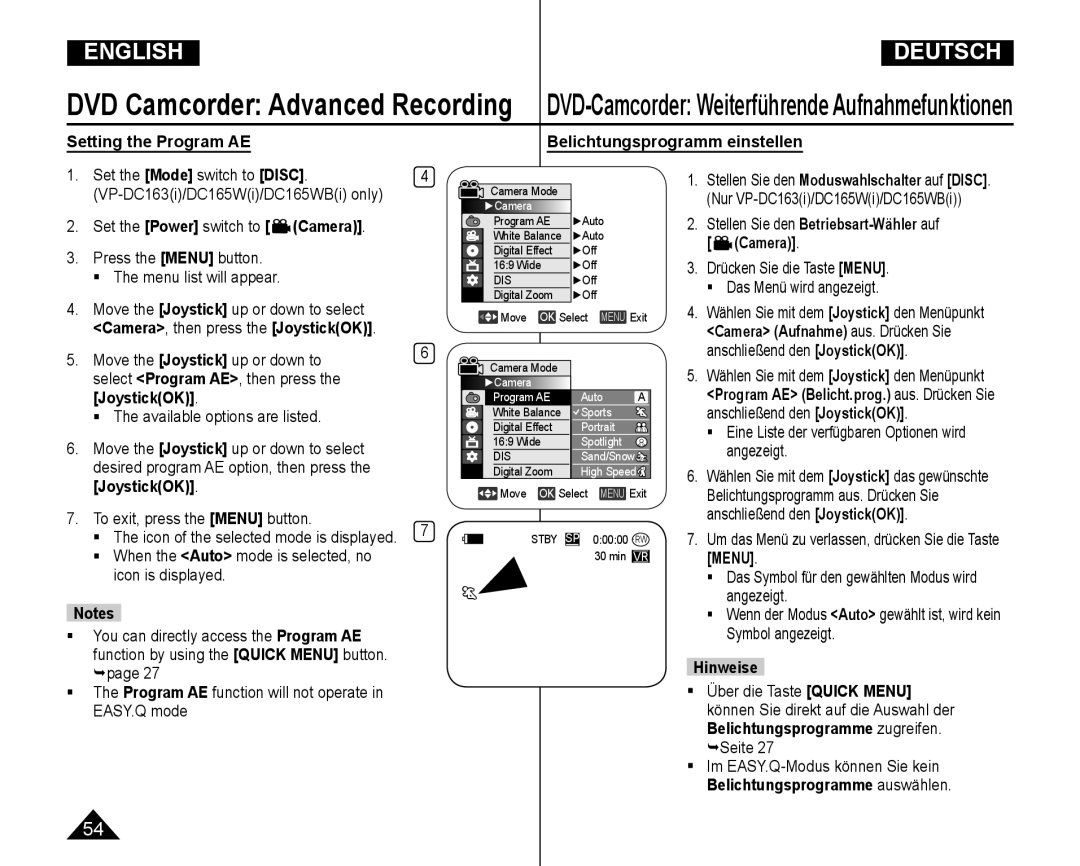 Samsung VP-DC165WI/MEA Setting the Program AE Belichtungsprogramm einstellen, Stellen Sie den Betriebsart-Wählerauf Camera 