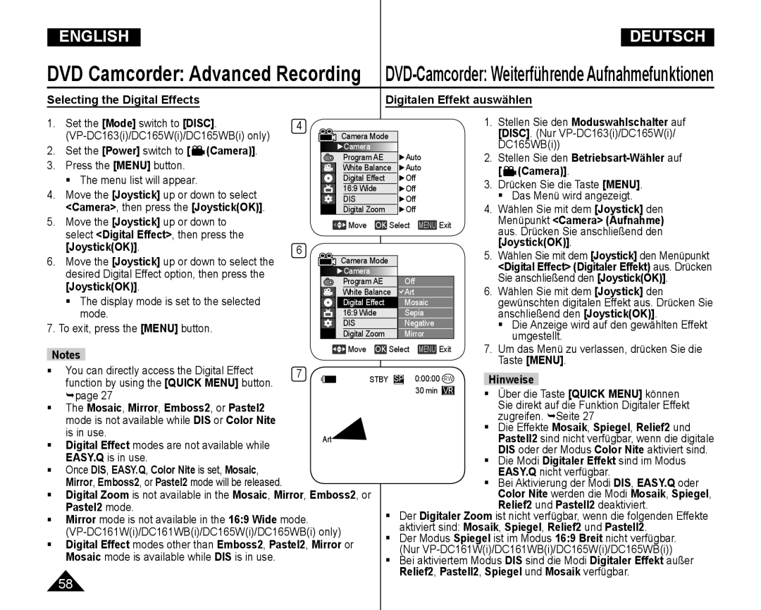 Samsung VP-DC165WI/MEA manual Selecting the Digital Effects Digitalen Effekt auswählen, Camera , then press the JoystickOK 