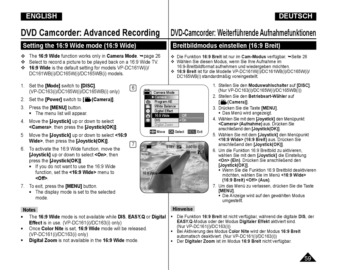 Samsung VP-DC165WI/XEV manual Camera Aufnahme aus. Drücken Sie, Wide, then press the JoystickOK, Press the JoystickOK 