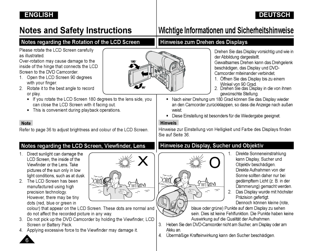 Samsung VP-DC165WI/MEA, VP-DC165WI/HAC manual Hinweise zum Drehen des Displays, Hinweise zu Display, Sucher und Objektiv 