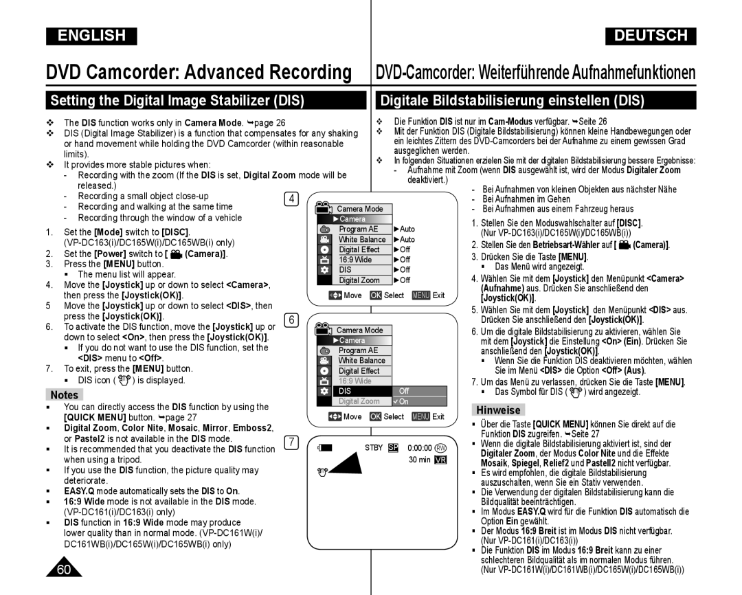 Samsung VP-DC165WI/HAC manual Digitale Bildstabilisierung einstellen DIS, Setting the Digital Image Stabilizer DIS 