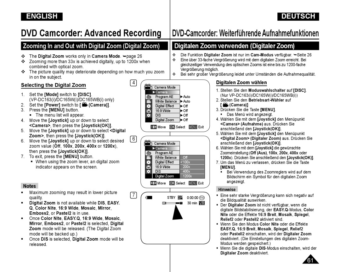 Samsung VP-DC165WI/UMG, VP-DC165WI/HAC Digitalen Zoom verwenden Digitaler Zoom, Zoom, then press the JoystickOK, 400x or 