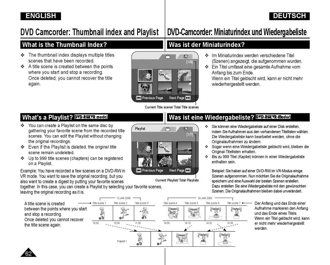 Samsung VP-DC165WI/MEA manual What is the Thumbnail Index? Was ist der Miniaturindex?, What’s a Playlist? DVD-RWVR mode 