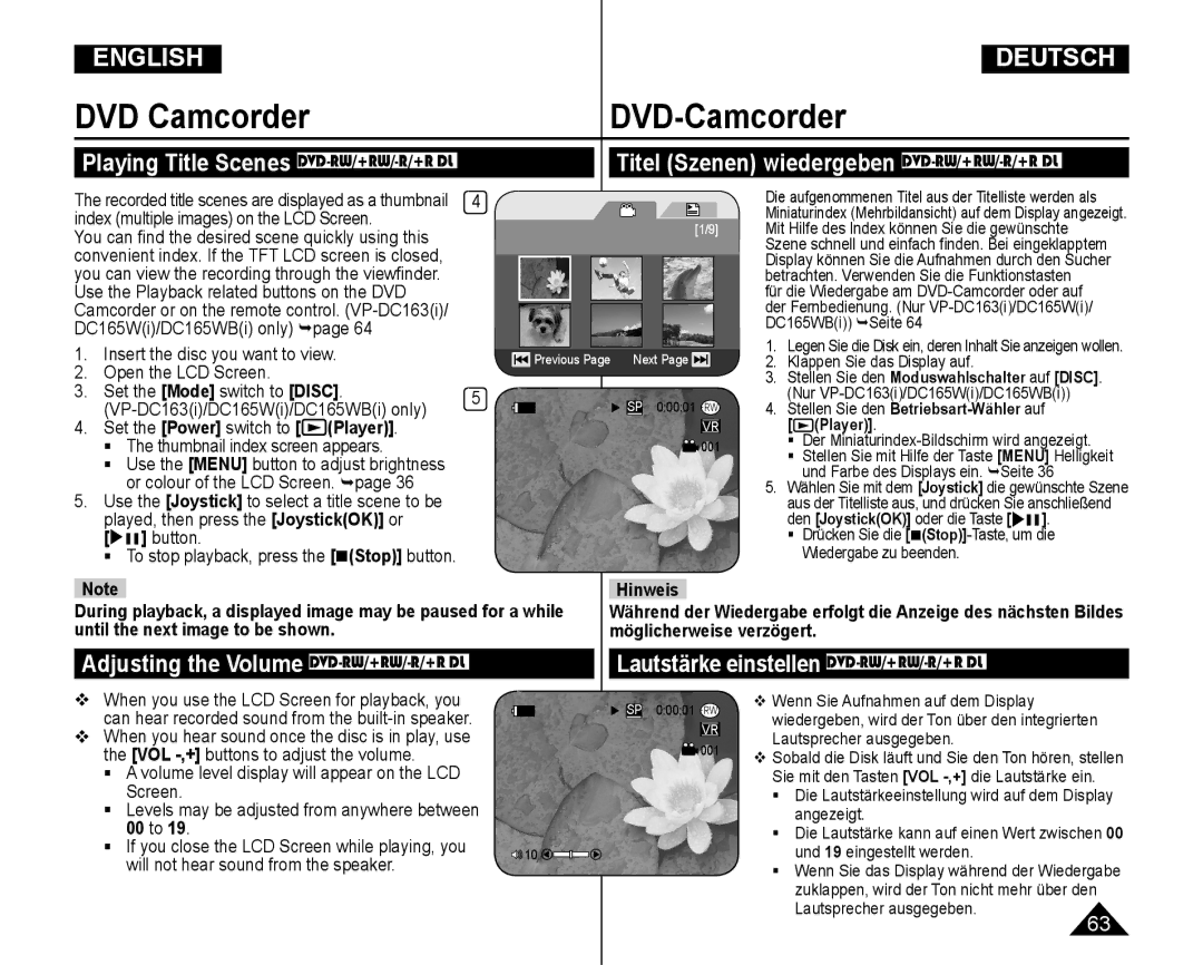 Samsung VP-DC165WI/XEV, VP-DC165WI/HAC manual DVD Camcorder DVD-Camcorder, Playing Title Scenes DVD-RW/+RW/-R/+R DL 