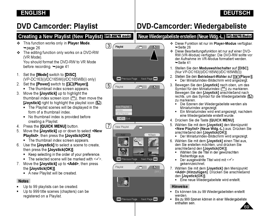 Samsung VP-DC165WI/UMG manual Creating a New Playlist New Playlist DVD-RWVR mode, Titel wird mit , Werden, Enthalten sein 