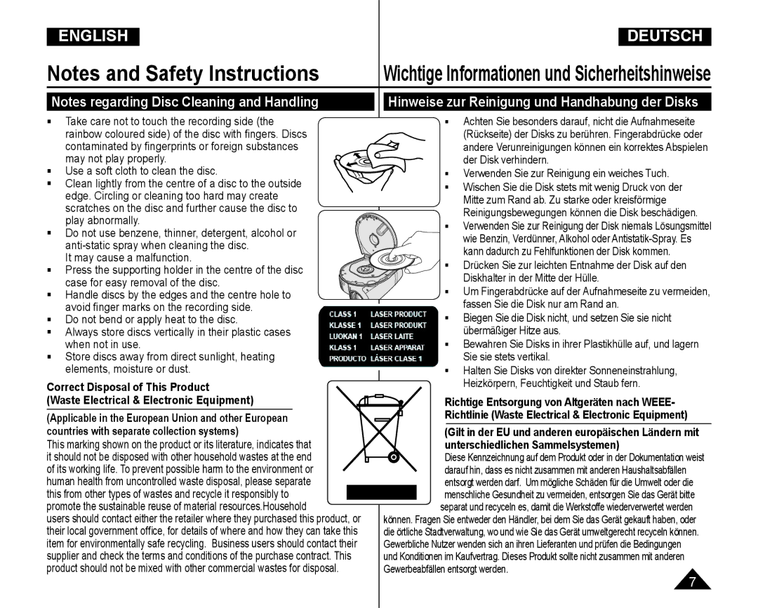 Samsung VP-DC165WI/XEV, VP-DC165WI/HAC, VP-DC165WI/UMG Hinweise zur Reinigung und Handhabung der Disks, Play abnormally 