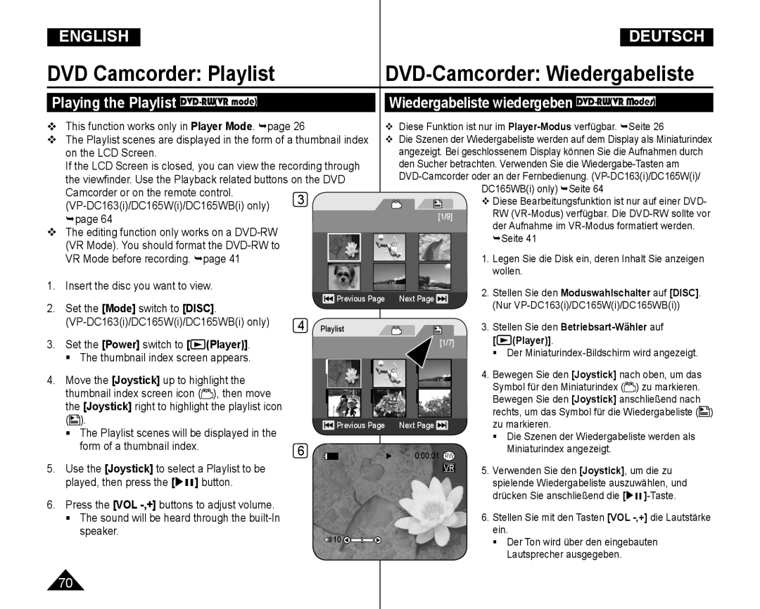 Samsung VP-DC165WI/MEA, VP-DC165WI/HAC manual Playing the Playlist DVD-RWVR mode, Wiedergabeliste wiedergeben DVD-RWVR Modes 