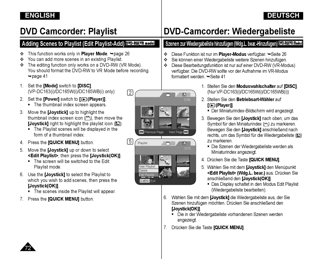 Samsung VP-DC165WI/HAC, VP-DC165WI/UMG manual DVD-Camcorder Wiedergabeliste, Edit Playlist, then press the JoystickOK 