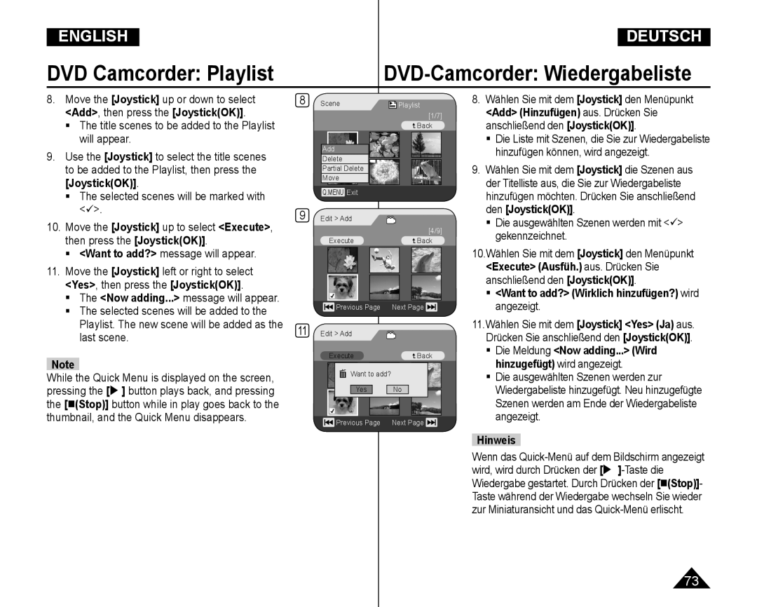 Samsung VP-DC165WI/UMG manual  Want to add? message will appear,  Die ausgewählten Szenen werden mit  gekennzeichnet 