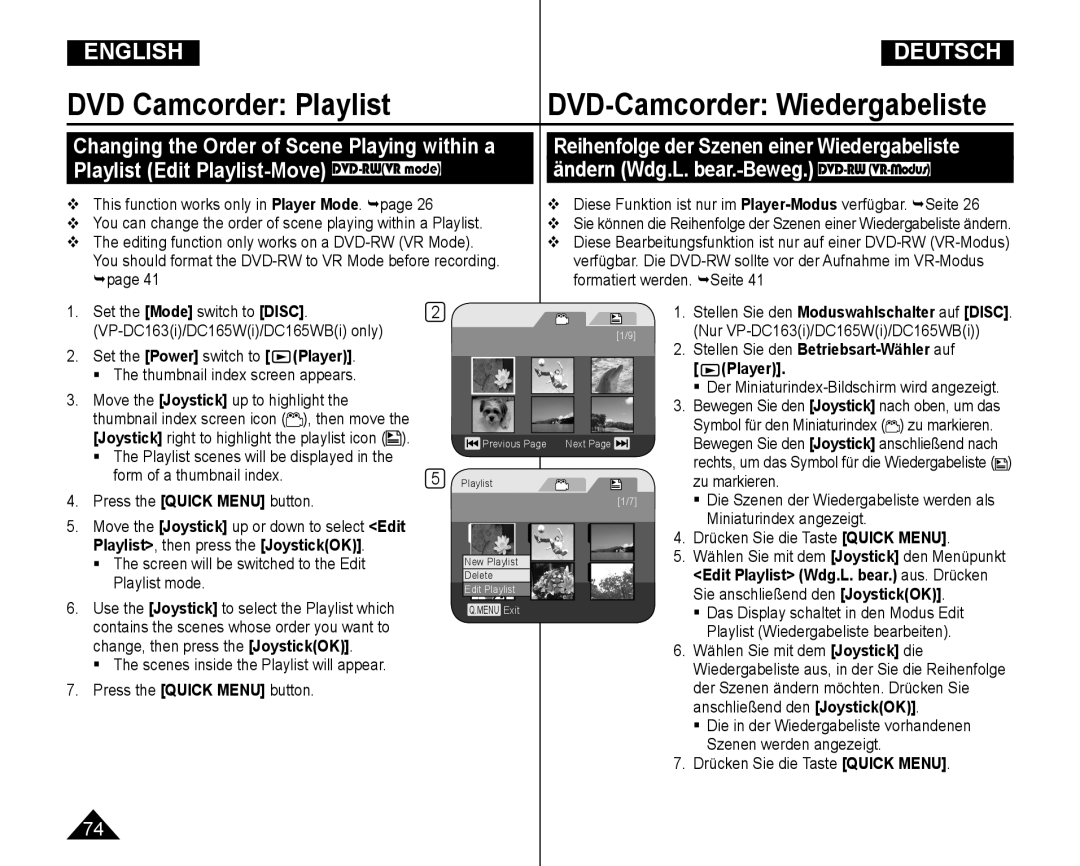 Samsung VP-DC165WI/MEA manual You can change the order of scene playing within a Playlist, page Formatiert werden. Seite 