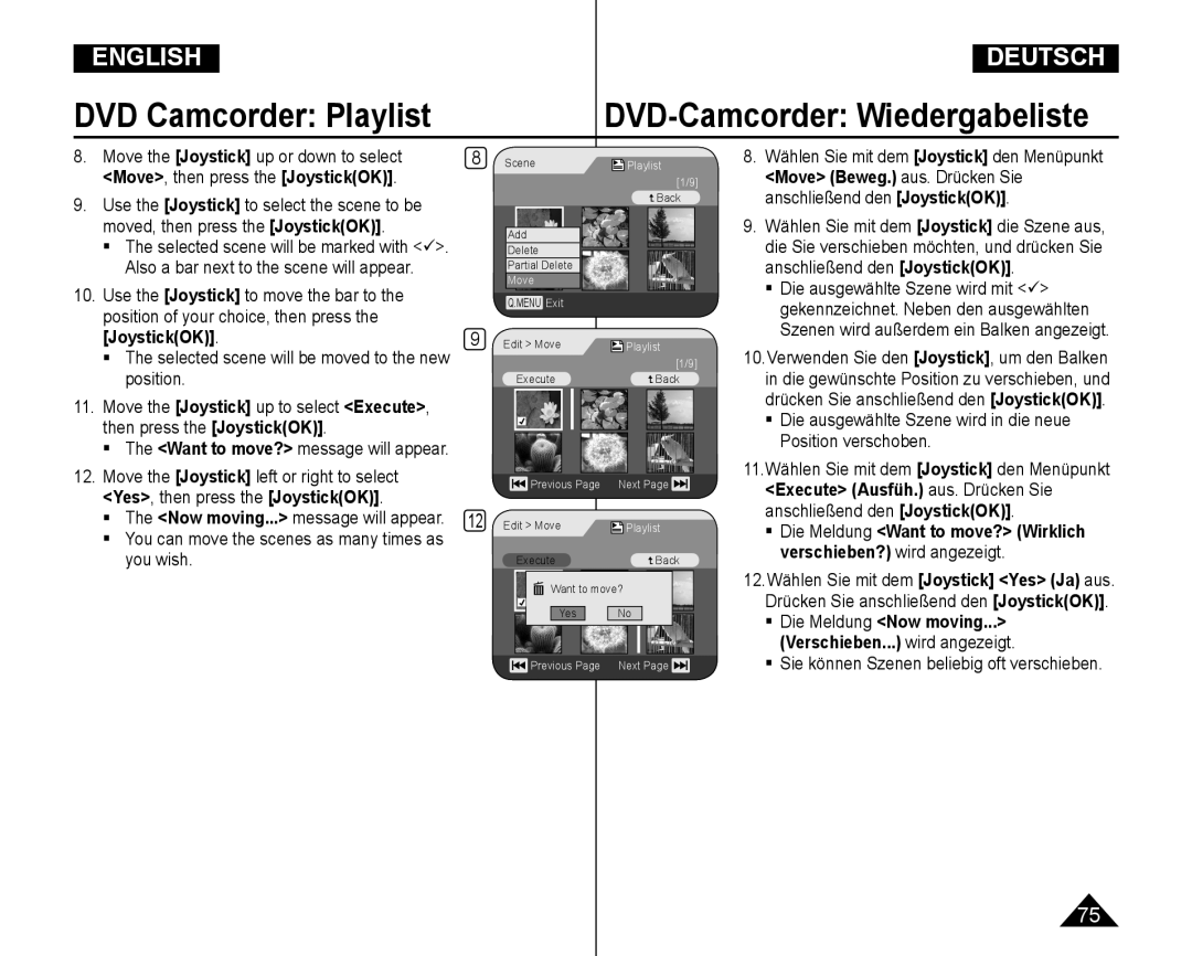 Samsung VP-DC165WI/XEV manual Move, then press the JoystickOK,  The selected scene will be moved to the new 9 position 