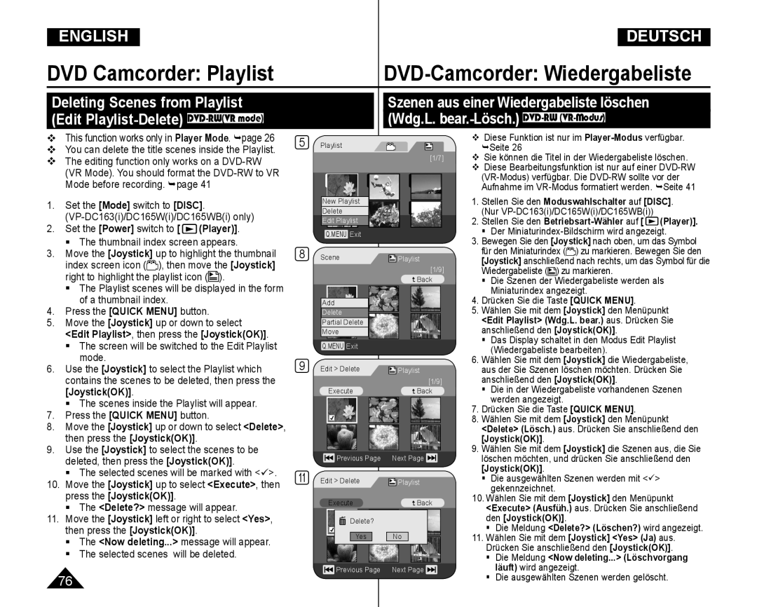 Samsung VP-DC165WI/HAC, VP-DC165WI/UMG manual  The Delete? message will appear,  The selected scenes will be deleted 