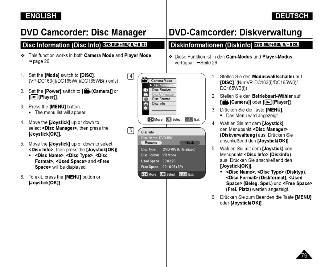 Samsung VP-DC165WI/XEV manual Set the Power switch to Camera or Player, To exit, press the Menu button or JoystickOK 