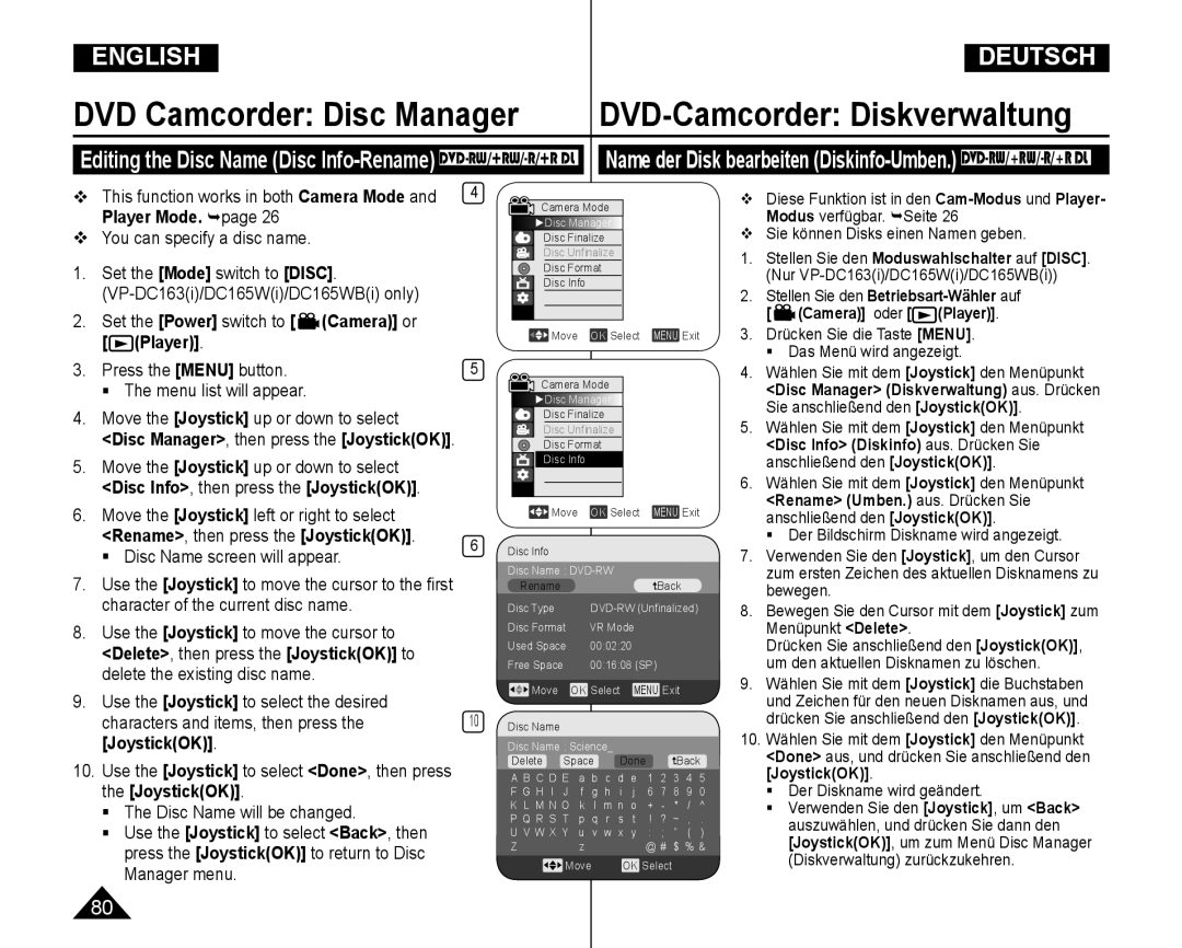 Samsung VP-DC165WI/HAC, VP-DC165WI/UMG, VP-DC165WI/MEA manual  You can specify a disc name,  Disc Name screen will appear 