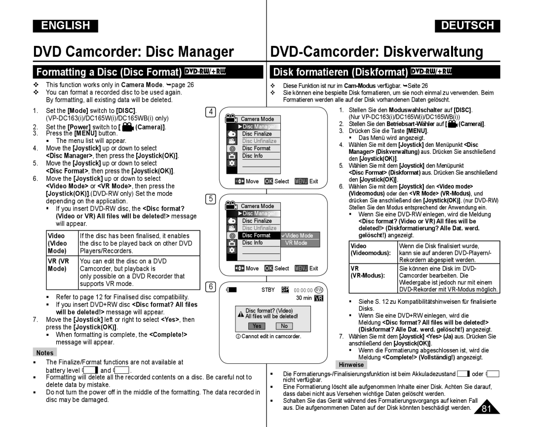 Samsung VP-DC165WI/UMG, VP-DC165WI/HAC manual DVD-Camcorder Diskverwaltung, Formatting a Disc Disc Format DVD-RW/+RW 