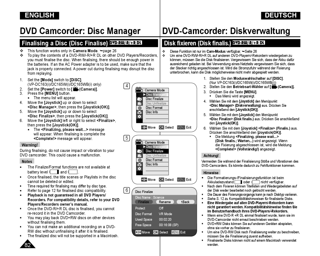 Samsung VP-DC165WI/MEA DVD Camcorder Disc Manager DVD-Camcorder Diskverwaltung, Disk ﬁxieren Disk ﬁnalis. DVD-RW/-R/+R DL 