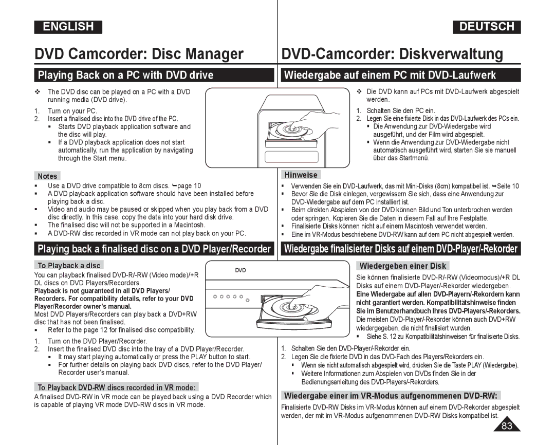 Samsung VP-DC165WI/XEV, VP-DC165WI/HAC, VP-DC165WI/UMG, VP-DC165WI/MEA manual To Playback a disc, Wiedergeben einer Disk 